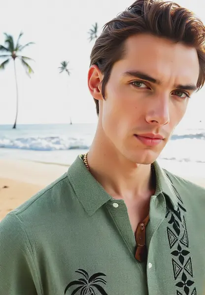 Tropical Palm Embroidered Linen Shirt – Sage Green