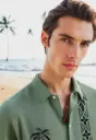 Tropical Palm Embroidered Linen Shirt – Sage Green