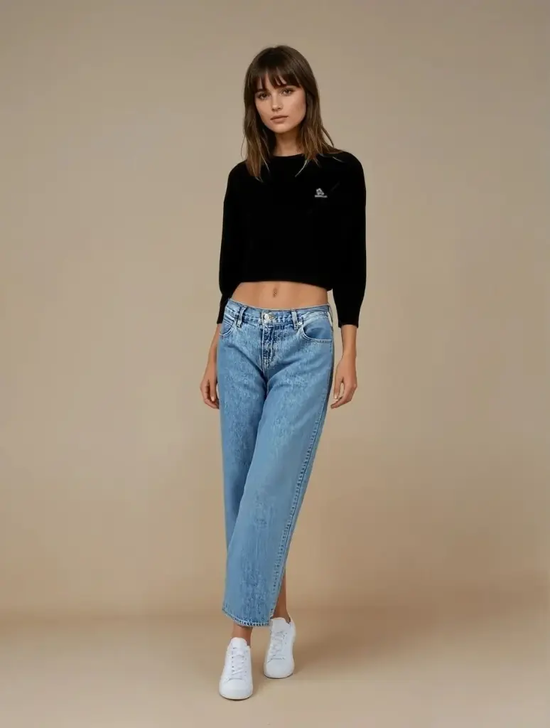 Jet Black Cropped Knit Top & Light Wash Denim Set