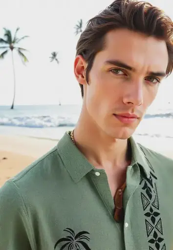 Tropical Palm Embroidered Linen Shirt – Sage Green